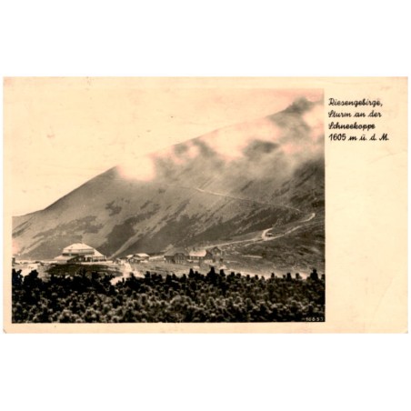 Riesengebirge, Sturm an der Schneekoppe 1605 m ü. d. M. 10653 / Rewers: Riesengebirge, Schneekoppe 1605m. Schlesierhaus und Ries