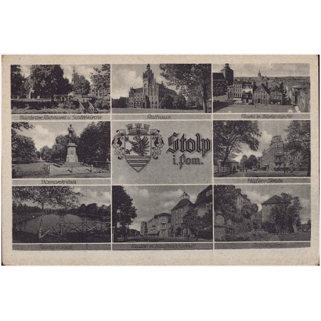 Stolp i. Pom. Mühlentor, Fischmarkt u. Schloßkirche. Bismarckplatz. Neumannsaue. Rathaus. Neutor m. Kaufmannnsvall. . Markt m. M