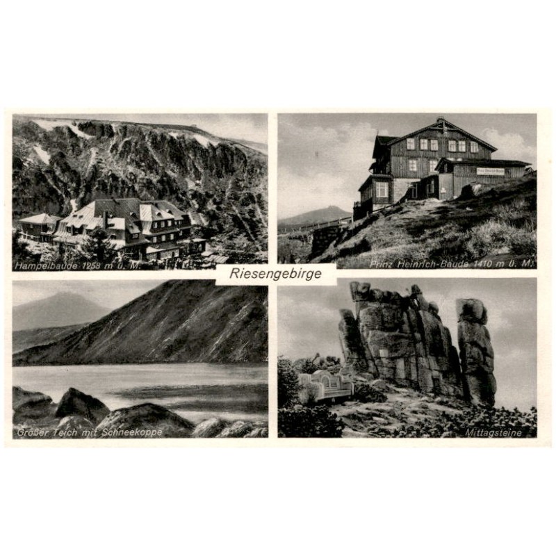 Riesengebirge. Hampelbaude 1258 m ü. M. Prinz Heinrich-Baude 1410 m ü. M. Großer Teich mit Schneekoppe. Mittagsteine