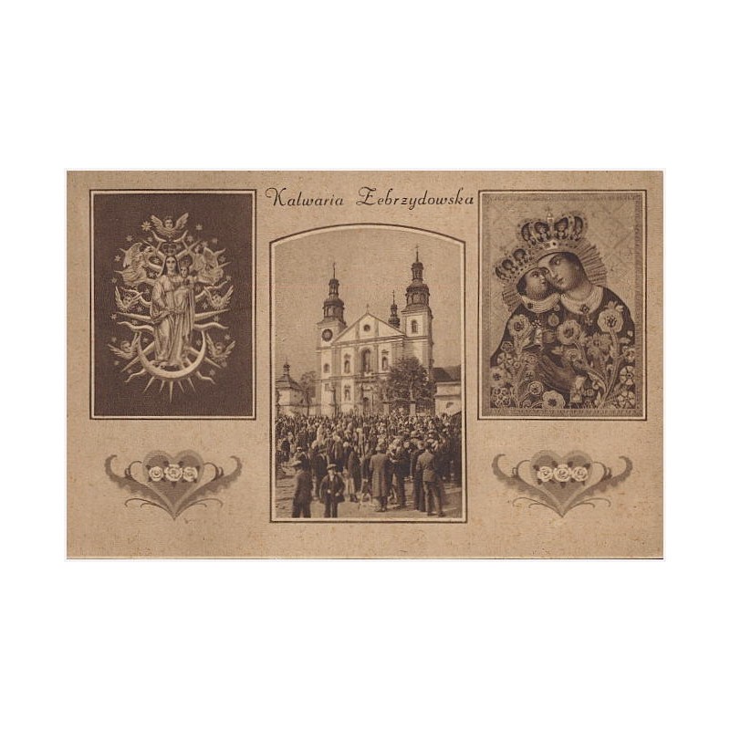 Kalwaria Zebrzydowska. 1) Srebrna figura M. Bożej Anielskiej w wielkim ołtarzu. 2) Obraz Cudownej Matki Bożej w kaplicy. 3) Głów