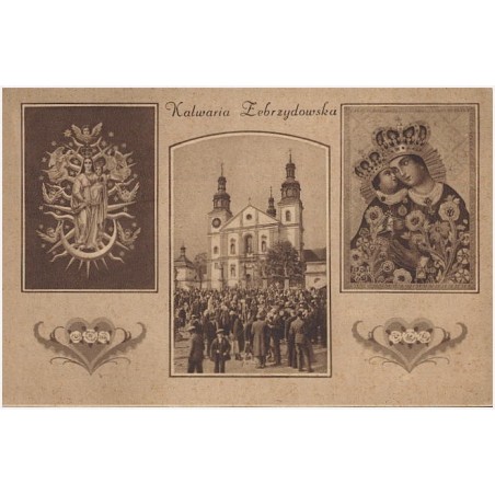 Kalwaria Zebrzydowska. 1) Srebrna figura M. Bożej Anielskiej w wielkim ołtarzu. 2) Obraz Cudownej Matki Bożej w kaplicy. 3) Głów