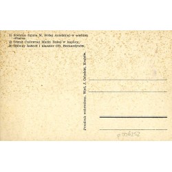 Kalwaria Zebrzydowska. 1) Srebrna figura M. Bożej Anielskiej w wielkim ołtarzu. 2) Obraz Cudownej Matki Bożej w kaplicy. 3) Głów