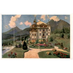 Lázne Tatranská Lomnica dľa orig. E. Kosy. Grandhotel Praha s pozadim Slavkovského a Lomnického štitu. Les eaux Tatranská Lomnic