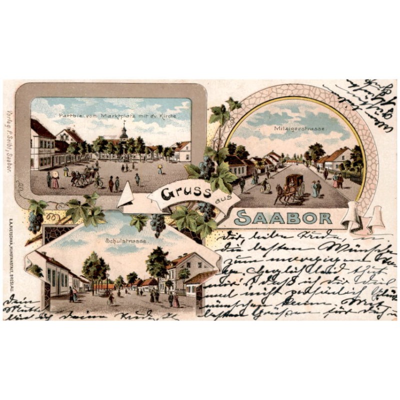 Gruss aus Saabor. Parthie vom Marktplatz mit ev. Kirche. Milzigerstrasse. Schulstrasse.