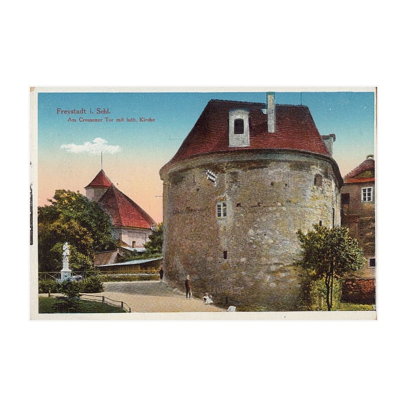 Freystadt i Schl. Am Crossener Tor mit luth. Kirche