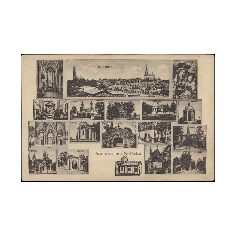 Pozdrowienie z N.-Piekar. Totalansicht. Kreuzkirche. Gnadenbild. Marienkirche. Kaiphas. Pilatus. Abendmahl. Veronika. Portal. We