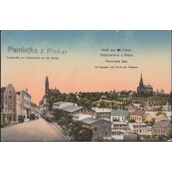 Gruß aus Piekar. Pozdrowienie z Piekar. Panorama Süd. Hl. Calwaria mit Gruft der Erbauer. Landstraße am Gnadennorte vor der Kirc