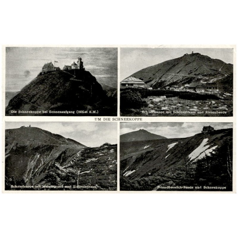 Um die Schneekoppe. Die Schneekoppe bei Sonnenaufgang (1605 m ü. M.). Schneekoppe mit Schlesierhaus und Riesenbaude. Schneekoppe