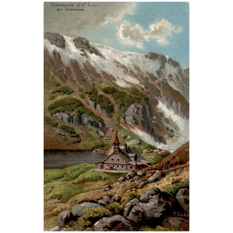 Teichbaude mit Teichrand.