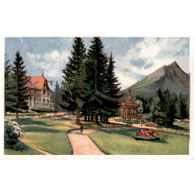 Tatranská Lomnica dľa orig. E. Kosy. Šrobarov park s hotelom Lomnica. Les eaux Tatranská Lomnice avec le parc. The baths Tatrans