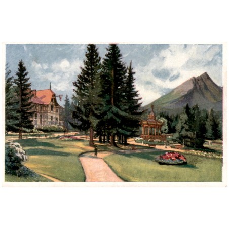 Tatranská Lomnica dľa orig. E. Kosy. Šrobarov park s hotelom Lomnica. Les eaux Tatranská Lomnice avec le parc. The baths Tatrans