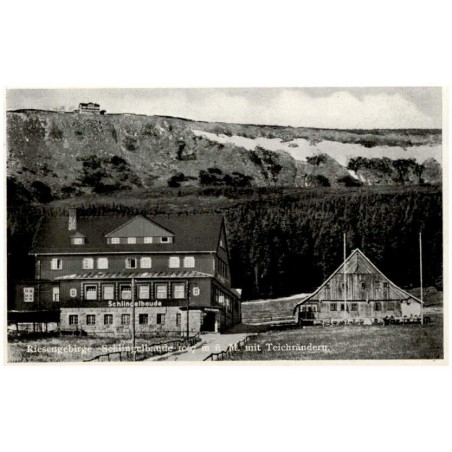 Riesengebirge. Schlingelbaude 1067 m ü. M. mit Teichrändern.