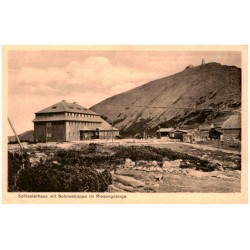 Schlesierhaus mit Schneekoppe im Riesengebirge / Rewers: Schlesierhaus, Baude am Koppenplan. Seehöhe 1400 m. Besitzer Hugo Teich