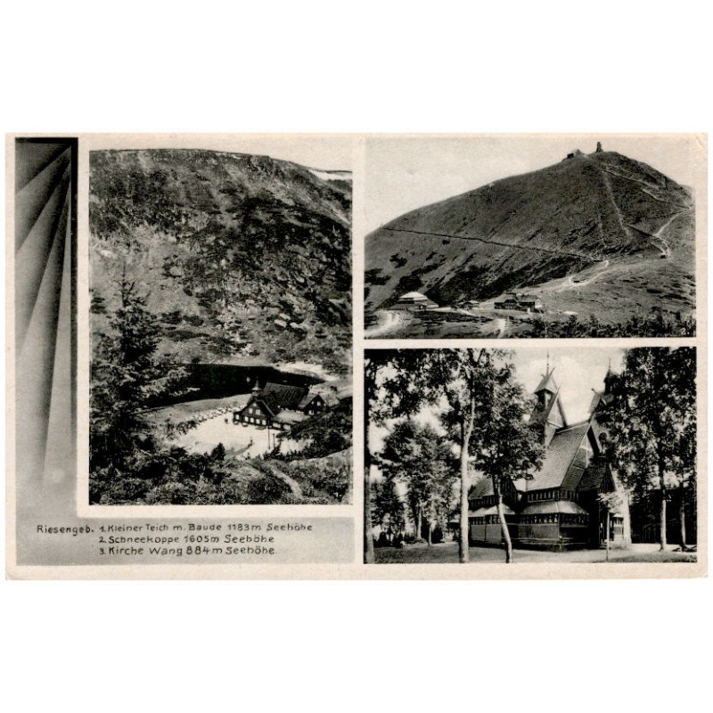 Riesengeb. 1. Kleiner Teich mit Baude 1183 m Seehöhe. 2. Schneekoppe 1605 m Seehöhe. 3. Kirche Wang 884 m Seehöhe