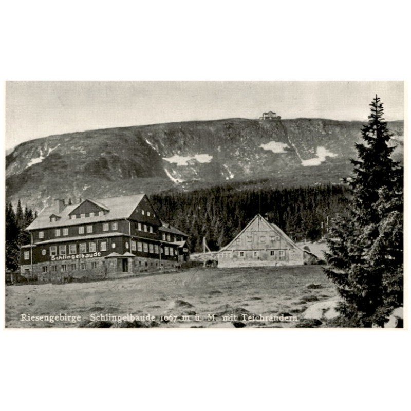 Riesengebirge. Schlingelbaude 1067 m ü. M. mit Teichrändern
