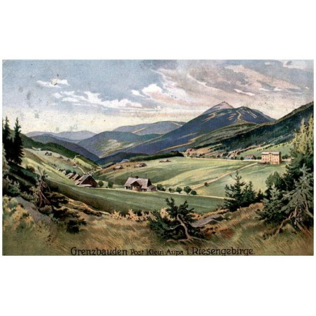 Grenzbauden. Post Klein-Aupa i. Riesengebirge. / Rewers: Riesengebirge. Die Grenzbauden 1050 m ü. M. Oberer Teil von Klein-Aupa
