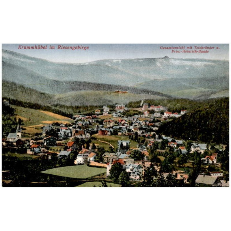 Krummhübel im Riesengebirge. Gesamtansicht mit Teichränder u. Prinz-Heinrich-Baude