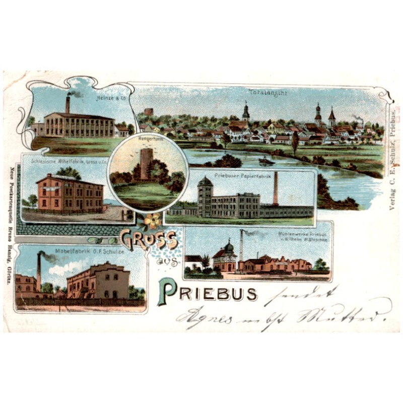 Gruss aus Priebus. Heinze & Co. Totalansicht. Schlesische Möbelfabrik, Gross u. Co. Hungerturm. Priebuser Papierfabrik. Möbelfab