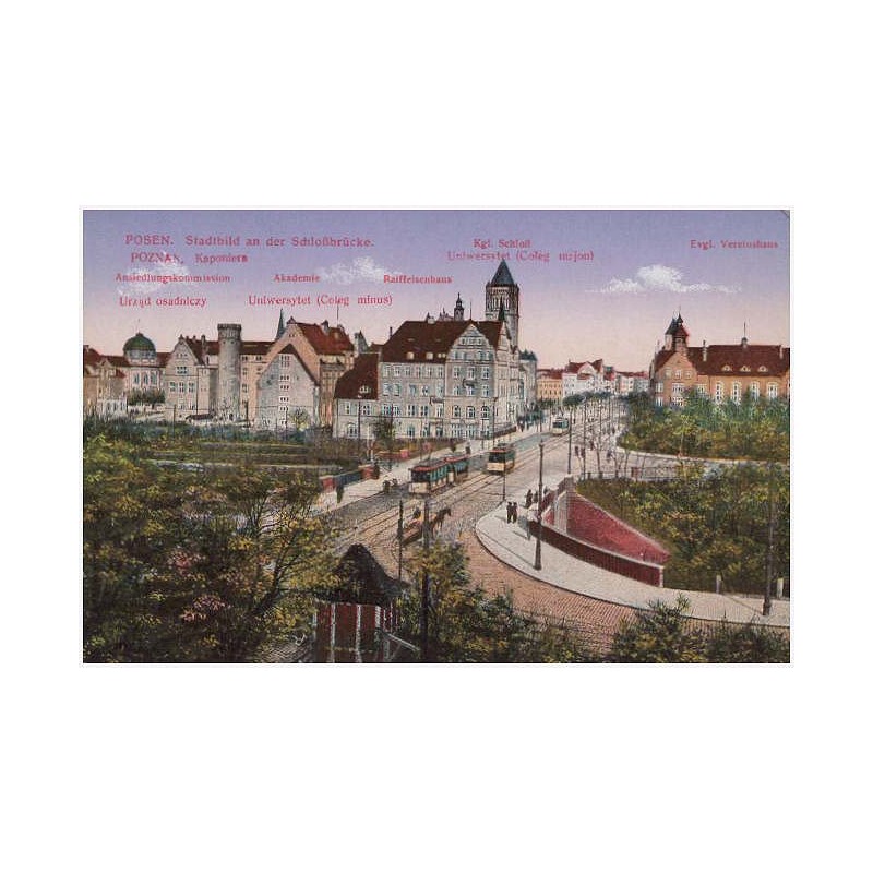 Posen. Stadtbild an der Schloβbrücke. Poznań. Kaponiera. Kgl. Schloβ. Uniwersytet (Coleg majon). Evgl. Vereinshaus. Ansiedelungs