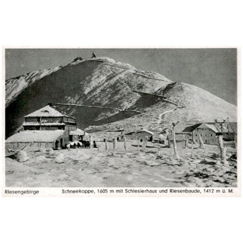 Riesengebirge. Schneekoppe, 1605 m mit Schlesierhaus und Riesenbaude, 1412 m ü. M.