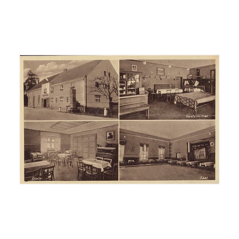 Waldau, O/L. Gerichtskretscham, Besitzer Erwin Göldner Telefon 58. Gastzimmer. Diele. Saal