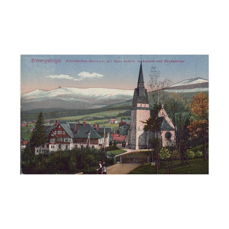 Riesengebirge. Schreiberhau-Mariental mit Haus Sunem, ev. Kapelle und Hochgebirge