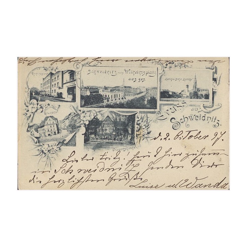 Gruss aus Schweidnitz. Schweidnitz vom Wilhelmsplatz aus ges. Gymnasium. Grundhof. Friedenskirche. Katholische Kirche