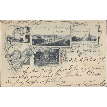 Gruss aus Schweidnitz. Schweidnitz vom Wilhelmsplatz aus ges. Gymnasium. Grundhof. Friedenskirche. Katholische Kirche