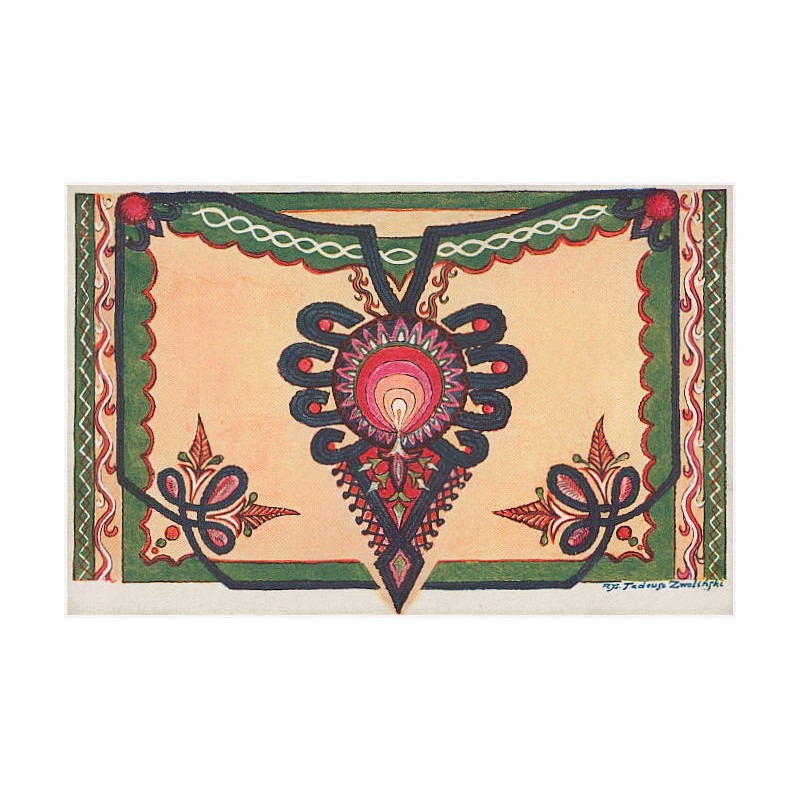 Ozdoby wyszywane: "parzenica" granatowa ze spodni oraz naszycia zielone i narożniki z "cuchy" czyli guni góralskiej