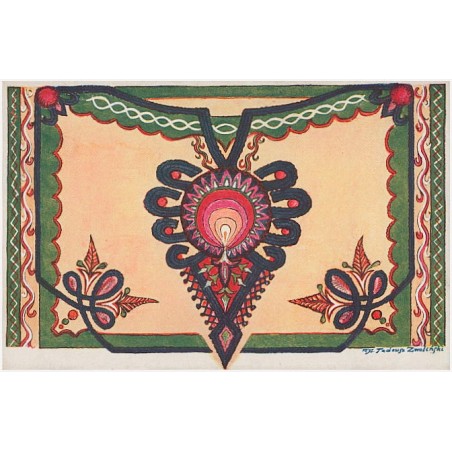 Ozdoby wyszywane: "parzenica" granatowa ze spodni oraz naszycia zielone i narożniki z "cuchy" czyli guni góralskiej