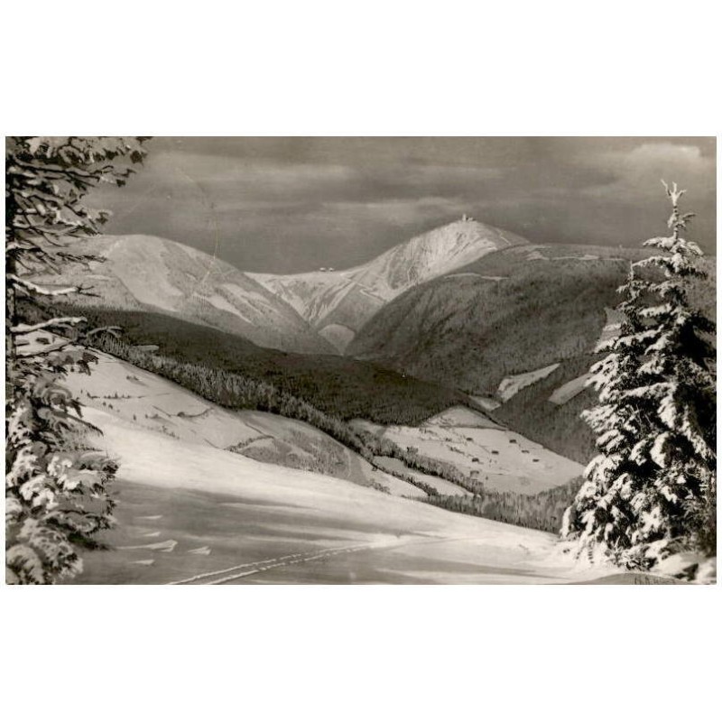 Riesengebirge. Blick vom Lenzenberg nach Schneekoppe, Riesenbaude, Riesengrund und Petzer. Künstlerkarte.