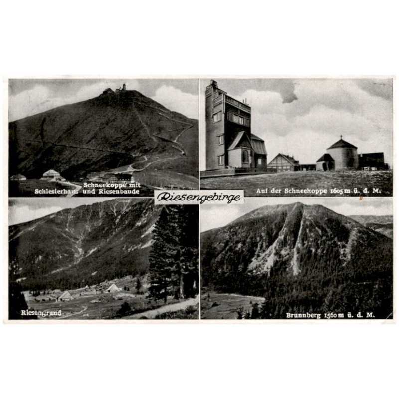 Riesengebirge. Schneekoppe mit Schlesierhaus und Riesenbaude. Auf der Schneekoppe 1605 m ü. d. M. Riesengrund. Brunnberg 1560 m