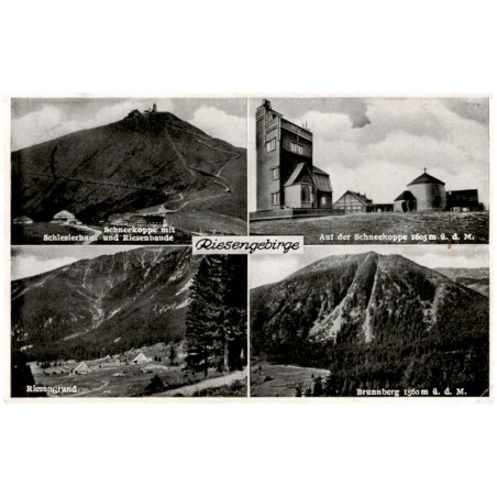 Riesengebirge. Schneekoppe mit Schlesierhaus und Riesenbaude. Auf der Schneekoppe 1605 m ü. d. M. Riesengrund. Brunnberg 1560 m