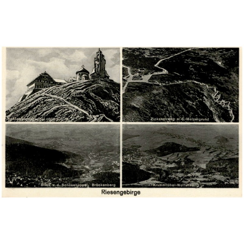 Riesengebirge. Schneekoppenkegel 1605 m ü. M. Zickzackweg a. d. Melzergrung. Blick v. d. Schneekoppe. Brückenberg. Krummhübel-Wo