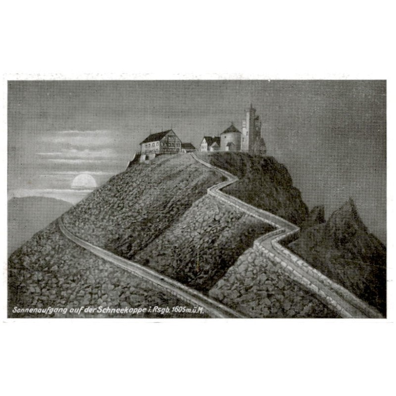 Sonnenaufgang auf der Schneekoppe i. Rsgb. 1605 m ü. M. / Rewers: Riesengebirge. Schneekoppe 1605 Meter ü. d. M.