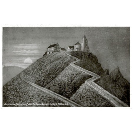Sonnenaufgang auf der Schneekoppe i. Rsgb. 1605 m ü. M. / Rewers: Riesengebirge. Schneekoppe 1605 Meter ü. d. M.