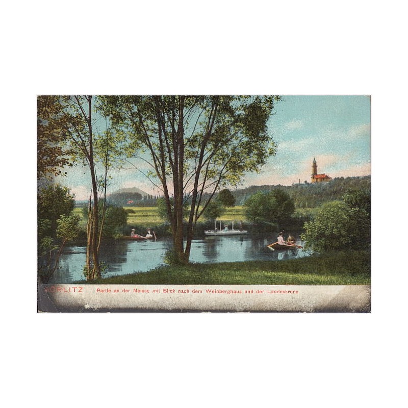 Görlitz. Partie an der Neisse mit Blick nach dem Weinberghaus und der Landeskrone