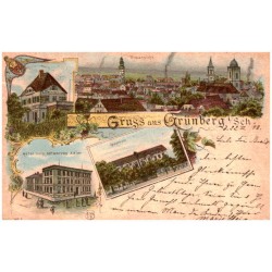 Gruss aus Grünberg i/ Sch. Wein-Schloss. Totalansicht. Hôtel zum schwarzen Adler. Realschule.