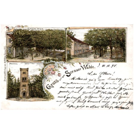 Gruss aus dem Sorauer Walde. Grüner Wald. Rautenkranz. Blockhaus