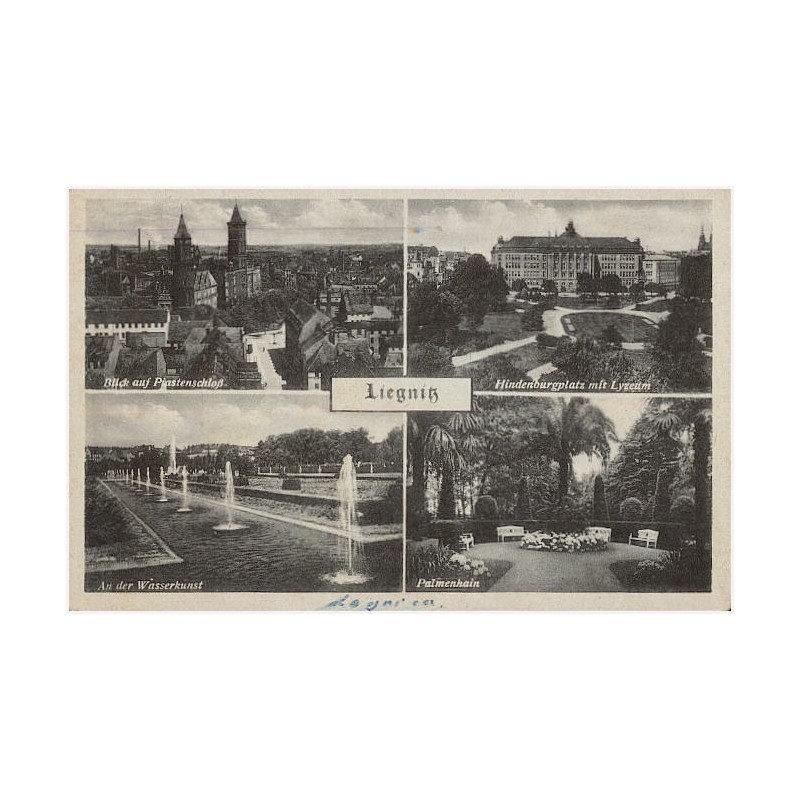 Liegnitz. Blick auf Piastenschloß. An der Wasserkunst. Hindenburgplatz mit Lyzeum. Palmenhain
