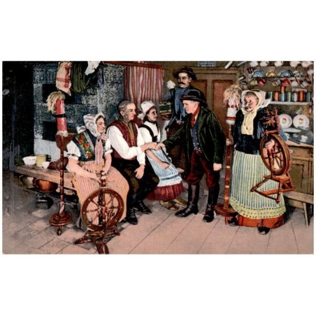 Spinnabend einer schlesichen Spinnstube. Begrüßung der Spinnstubenbesucher.