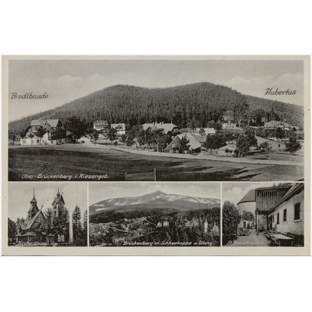Ober-Brückenberg i. Riesengeb. Kirche Wang. Brückenberg m. Schneekoppe u. Wang. St. Annakapelle