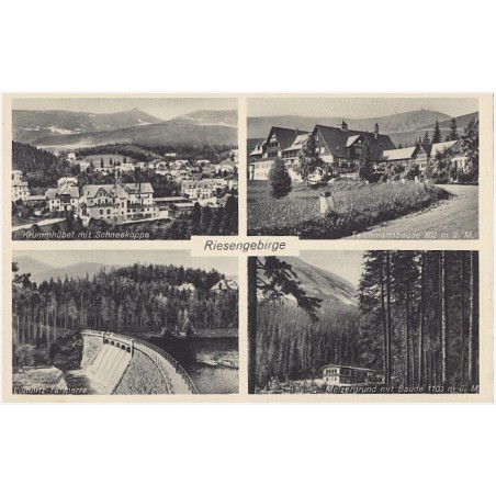 Riesengebirge. Krummhübel mit Schneekoppe. Lomnitz-Talsperre. Teichmannbaude 802 m ü. M. Melzergrund mit Baude 1103 m ü. M