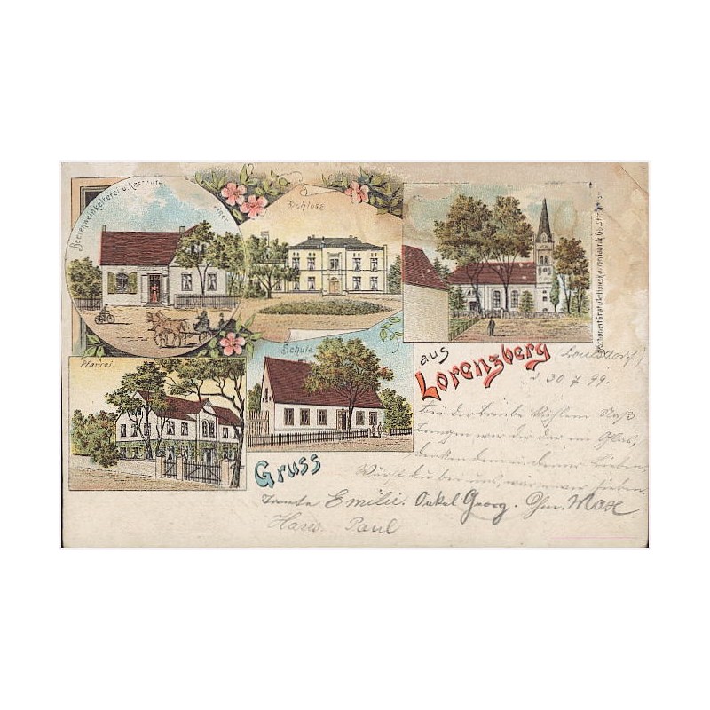 Gruss aus Lorenzberg. Beerenweinkelteriei u. Restauran[...]. Schloss. Pfarrei. Schule