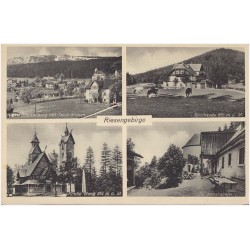 Riesengebirge. Brückenberg mit Teichrändern. Brotbaude 850 m ü. M. Kirche Wang 874 m ü. M. St. Annakapelle