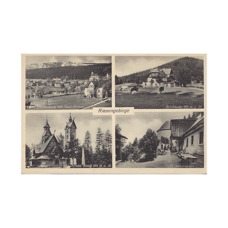 Riesengebirge. Brückenberg mit Teichrändern. Brotbaude 850 m ü. M. Kirche Wang 874 m ü. M. St. Annakapelle