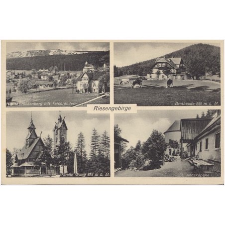 Riesengebirge. Brückenberg mit Teichrändern. Brotbaude 850 m ü. M. Kirche Wang 874 m ü. M. St. Annakapelle