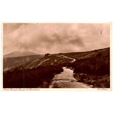 Prinz-Heinrich-Baude mit Schneekoppe. Karl Streer / Rewers: Riesengebirge