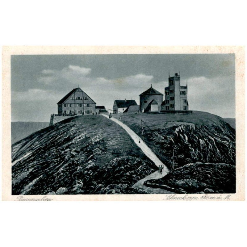 Riesengebirge. Schneekoppe 1605 m ü. M. / Rewers: Riesengebirge. Kapelle, Wetterwarte und Gasthäuser auf der Schneekoppe, 1605 m