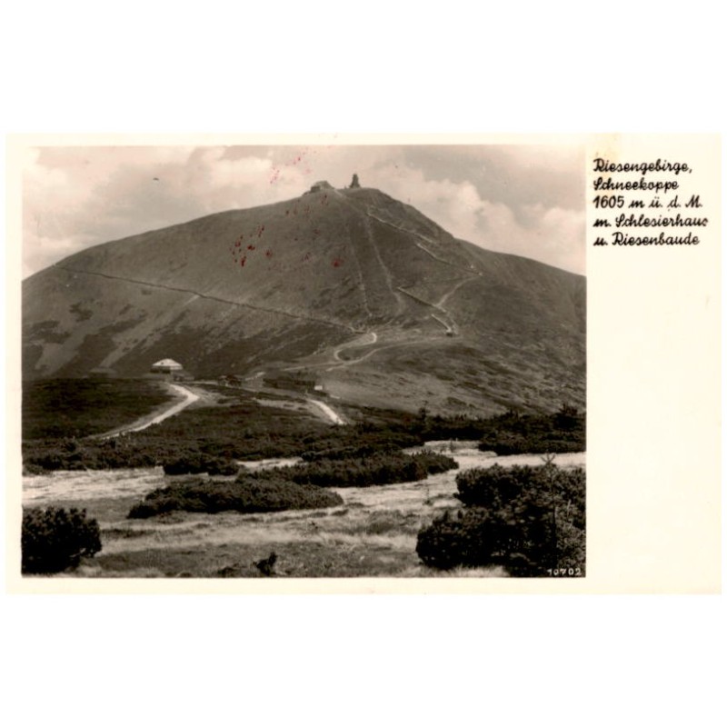 Riesengebirge, Schneekoppe 1605 m ü. d. M. m. Schlesierhaus u. Riesenbaude. 10702